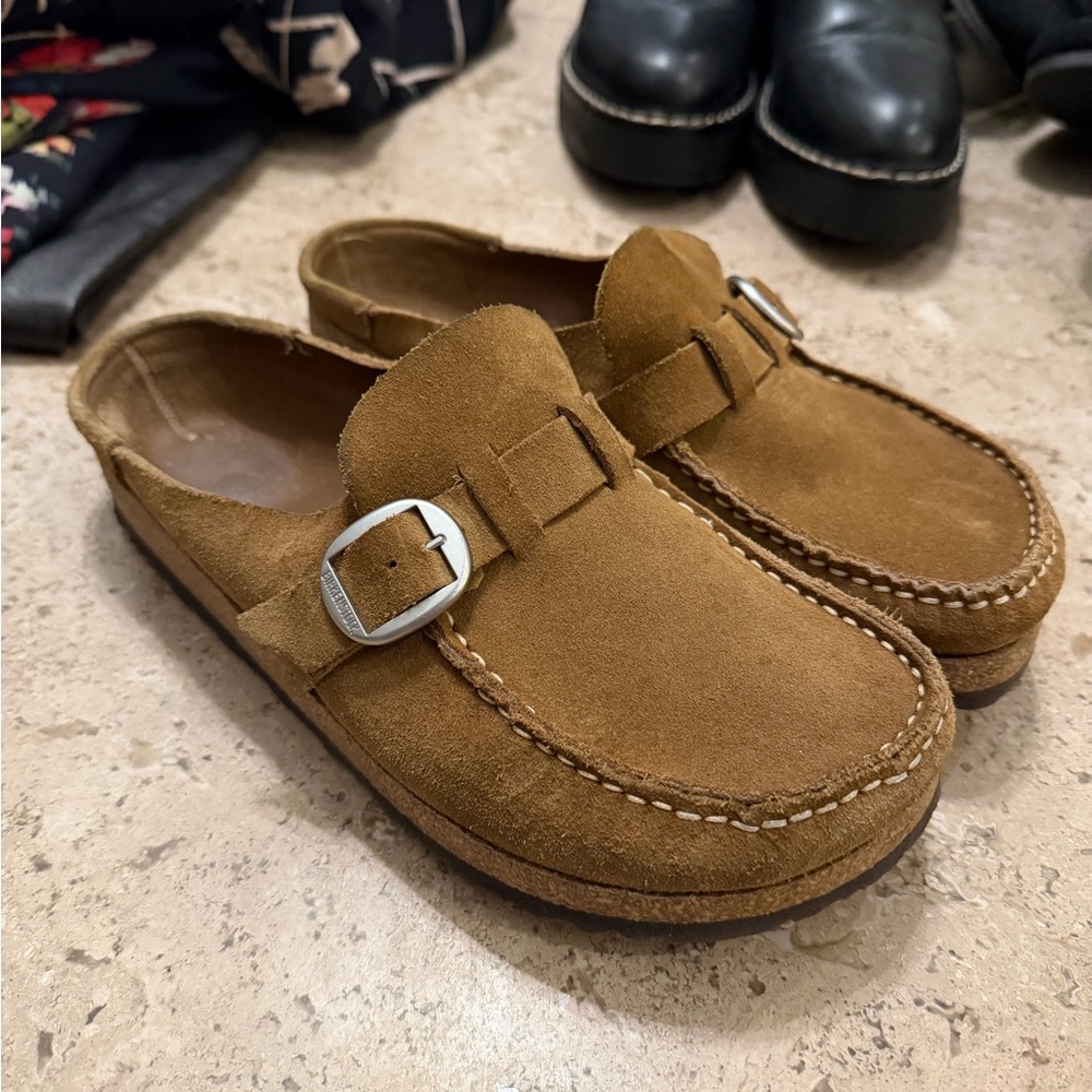 Birkenstock Suede Mule Clogs in Chestnut Brown with Silver Buckle